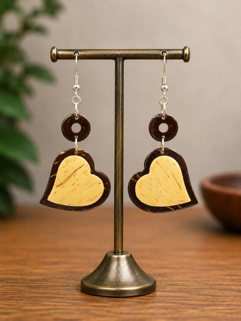 Two-Tone Wood Heart Drop Earrings